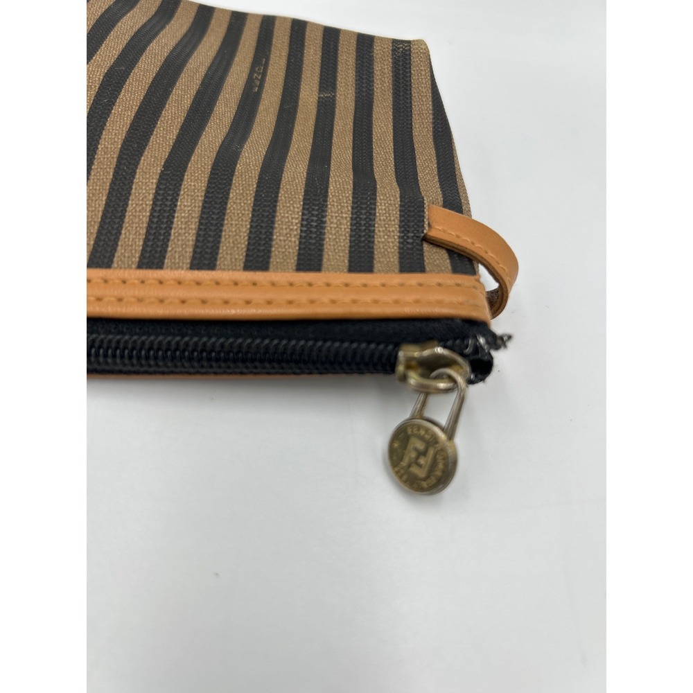 Fendi Pequin Striped Canvas Leather Cosmetic Pouch Bag Brown Black Vintage Italy - Picture 5 of 8